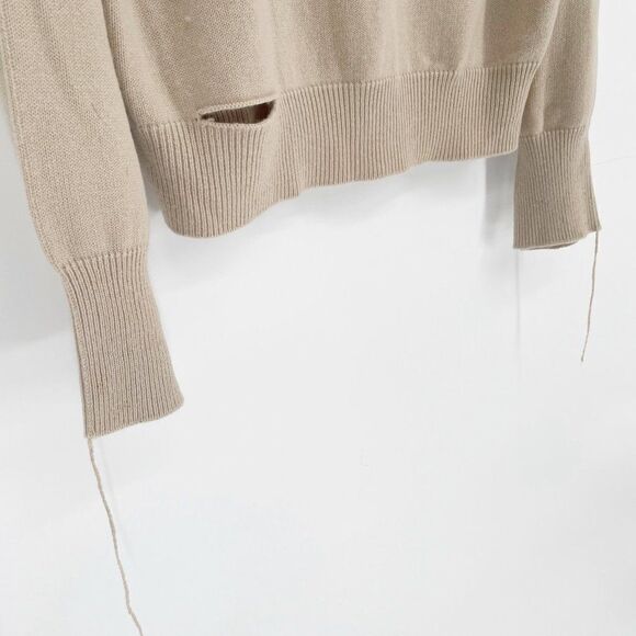 Helmut Lang Distressed V-Neck Sweater Wool Cashmere Raglan Sleeve Tan Women's L - Picture 4 of 7